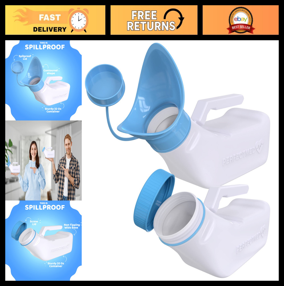 Portable Female Urinal 32 oz (2 Pack) – Spill Proof Pee Funnel & Bed Pan for Tra