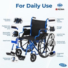 Invacare Folding Wheelchair with 20″ Seat, Removable Arms, Footrests – Blue