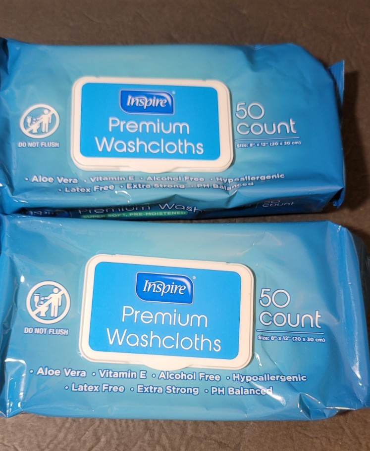 2 NEW Packs Inspire Premium Washcloths Soft w/ Aloe, Alcohol & Latex Free