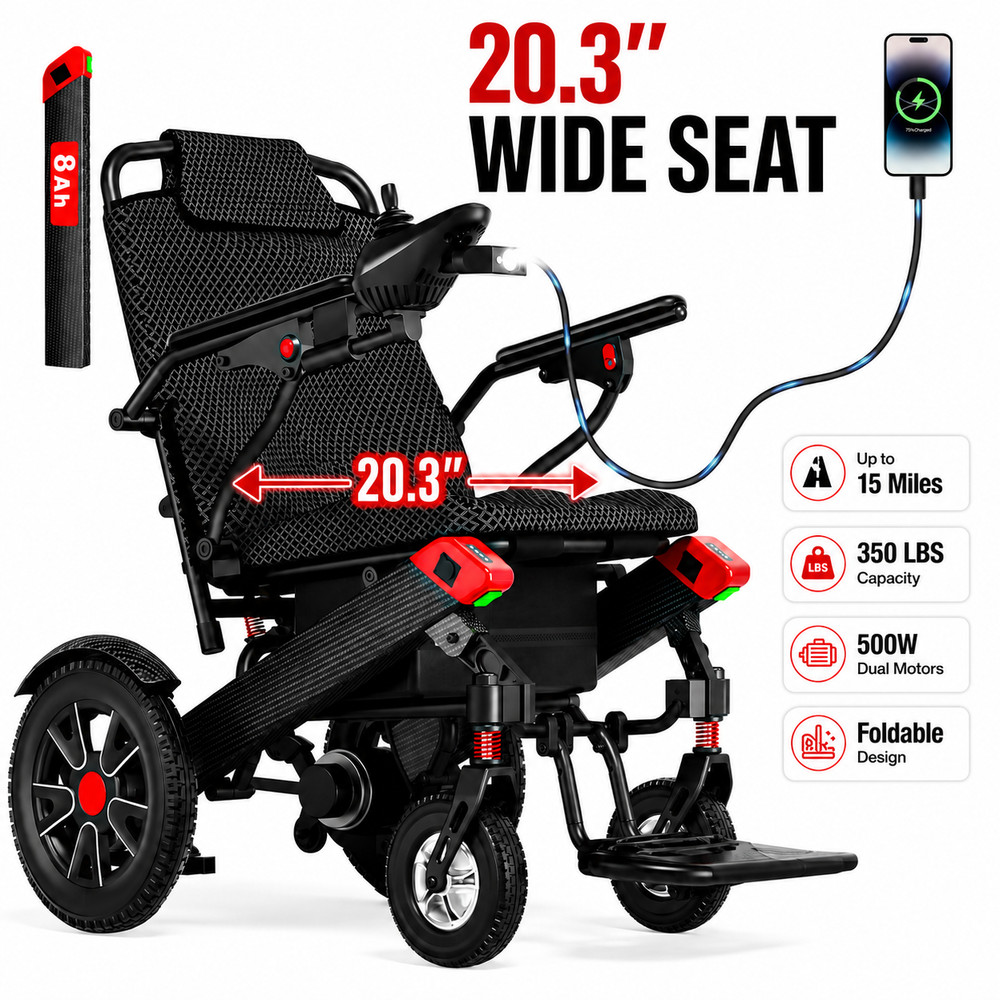 Foldable Electric Wheelchair for Adults 20.3″ Wide Seat Airline Approved 15 Mile