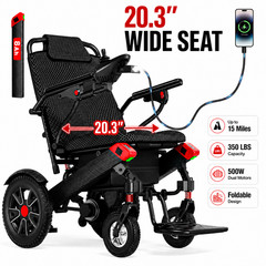 Foldable Electric Wheelchair for Adults 20.3″ Wide Seat Airline Approved 15 Mile