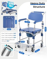 irtme Bedside 4in1 Commode Shower Chair w/ Drop Arms & Lock Casters, Alum, 330lb