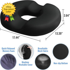 Donut Seat Cushion Memory Foam Tailbone Pain Relief Chair Pad Home Office Black