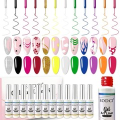 eodci Nail Art Gel Liner Set, 12 Colors Black White Hot Pink Yellow Green Glitte