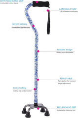 Floral Quad Cane for Women Adjustable Walking Support with 3-in-1 Base Stylish