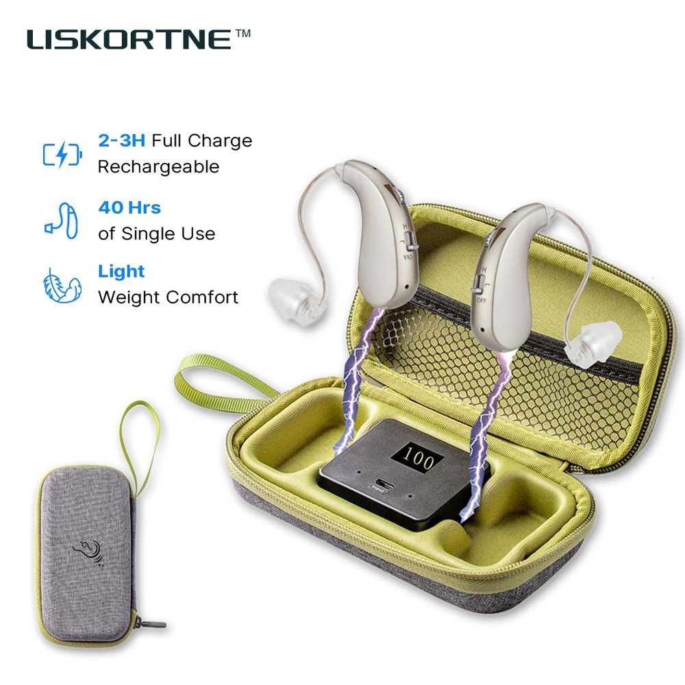 Hearing Amplifiers Pair Rechargeable with Charging Box 400H Long Lasting Seniors