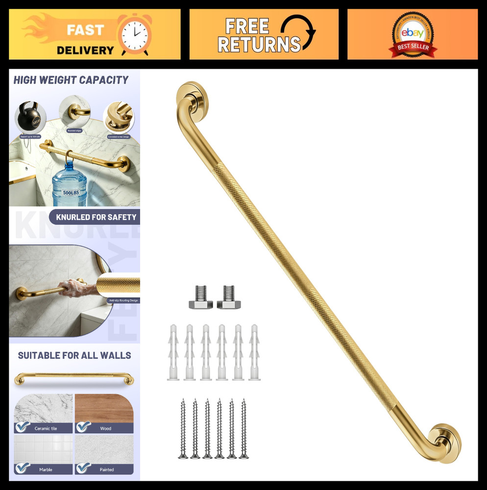 36″ Brushed Gold Grab Bars – 1.25″ Stainless Steel Safety Handrail, Anti-Slip Sh