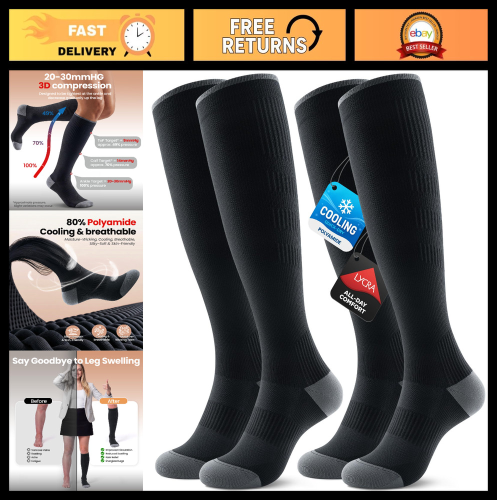 Breathable Compression Socks 20-30mmHg Knee High for Travel & Athletic – 2 Pairs