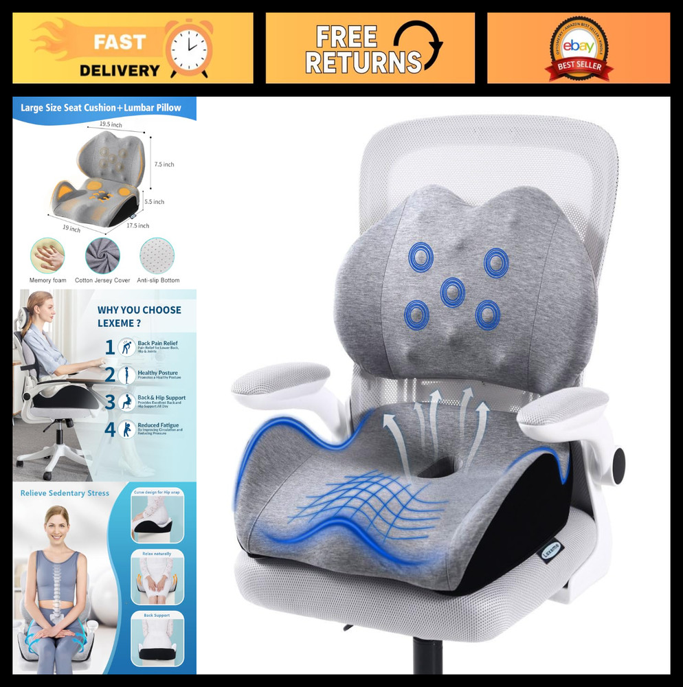 X-Large Memory Foam Seat Cushion – Lumbar Support for Sciatica, Tailbone Relief,