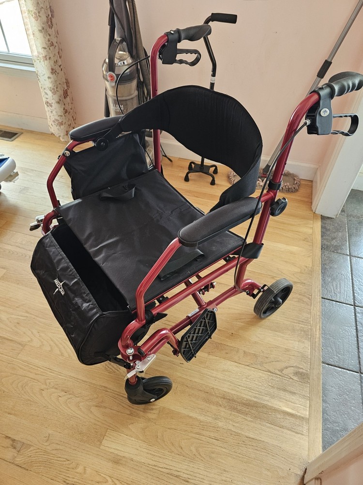 Medline Red 4-Wheel Rollator Walker w/ Seat, Backrest, Handbrakes, Storage
