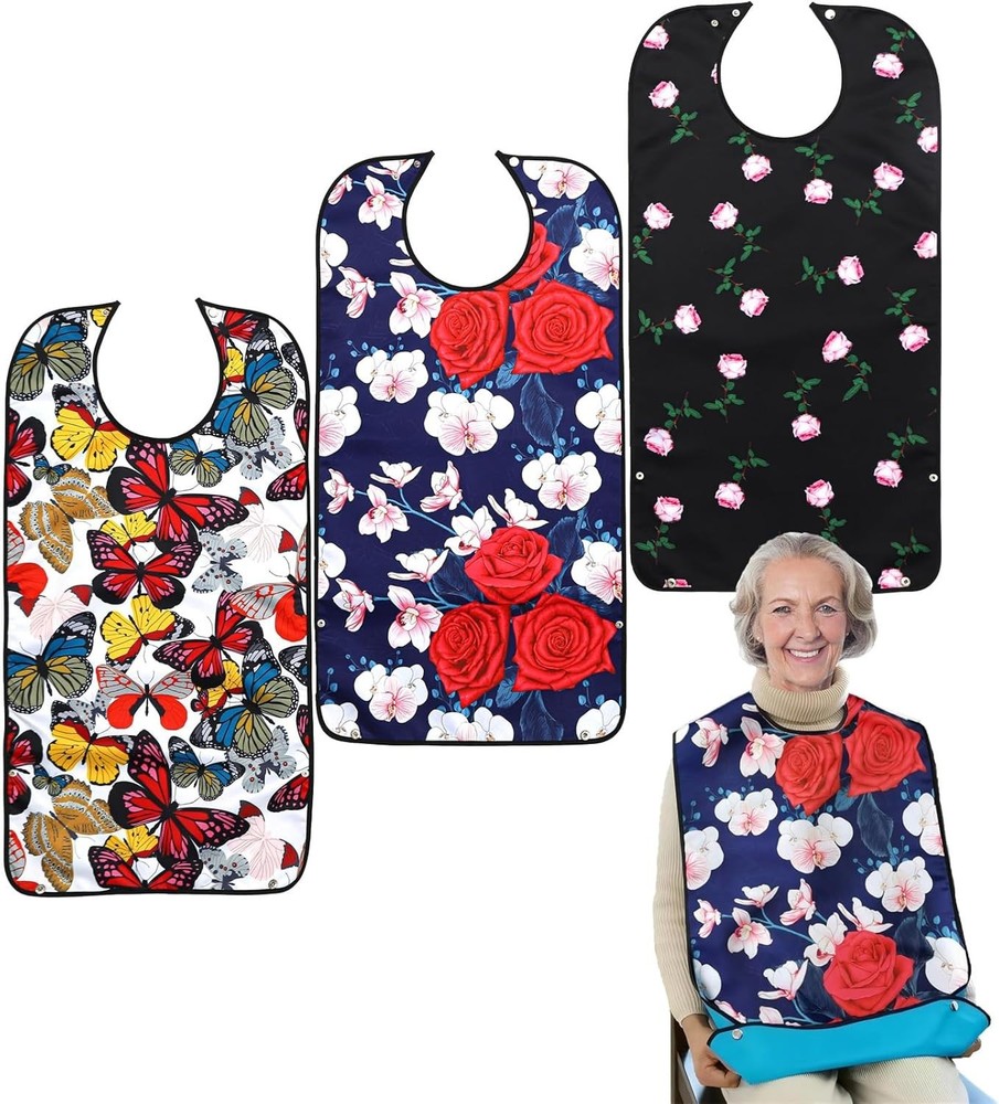 Waterproof Adult Bibs for Women, 3 Pack with Crumb Catcher, Washable
