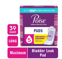 Poise Women’s Incontinence Pads, 5 Drop Maximum Absorbency, Long Length, 39 Coun