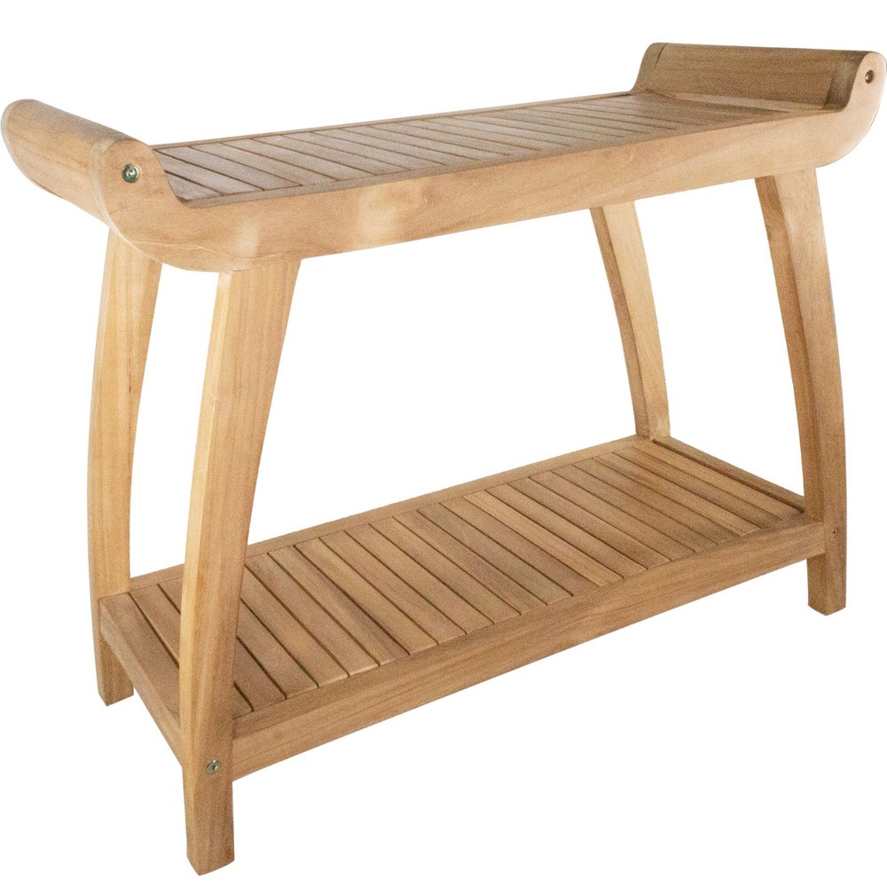 Nordic Style Natural Teak Wood Shower and Bath Curved Spa Bench with Shelf – 30″