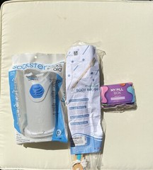 Three Piece Set assist for putting on socks Pill Box Shower Brush Gift Lot