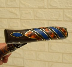 Handmade Ebony Wood Walking Cane – Lapis Amber Inlaid Brass Wire Travel Stick