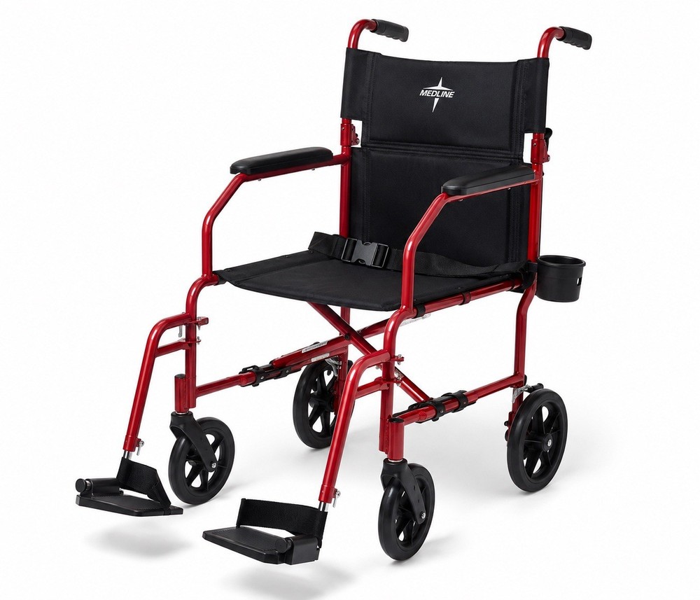 Medline MDS808200F3R Ultralight Transport Chair Red Folding 300 lb New in Box