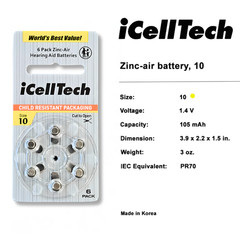 iCellTech Size 10 Hearing Aid Batteries PR70 P10 Zinc Air 1.45V (30 Pack)