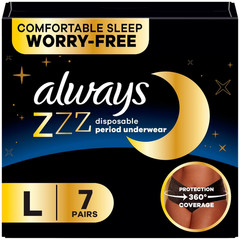 Always ZZZ Overnight Period Underwear L 7Ct Leak Protection Women
