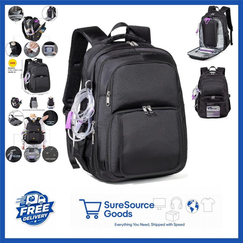 Black Enteral Feeding Tube Backpack for Adults with Multi-Compartment Storage