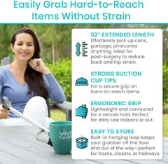 Vive Suction Cup Grabber Reacher 32″ – Elderly Grab It Reaching Pickup Tool Heav