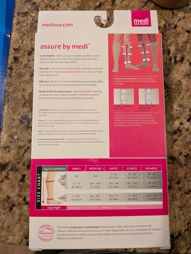 Medi Assure Compression Stockings Calf Open Toe, Beige, 15-20 mmHg, Large, NEW
