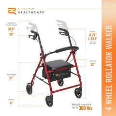 Rhythm Healthcare 4 Wheel Rollator Walker with 12×12″ Seat and 6″ Wheels, Red