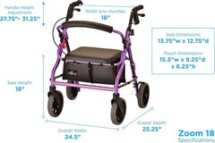 NOVA Zoom 18″ Seat Hght Foldable Rolling Walker Rollator 8″ Whls-OPENBOX PURPLE