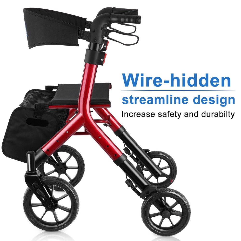 Heavy Duty Folding 300lb Rolling Wide Seat Rollator Walker With 4 Wheels Red USA