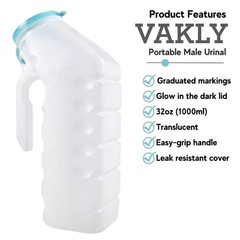 Vakly Male Urinal with Glow in The Dark Cover [2 Pack 32oz] Translucent