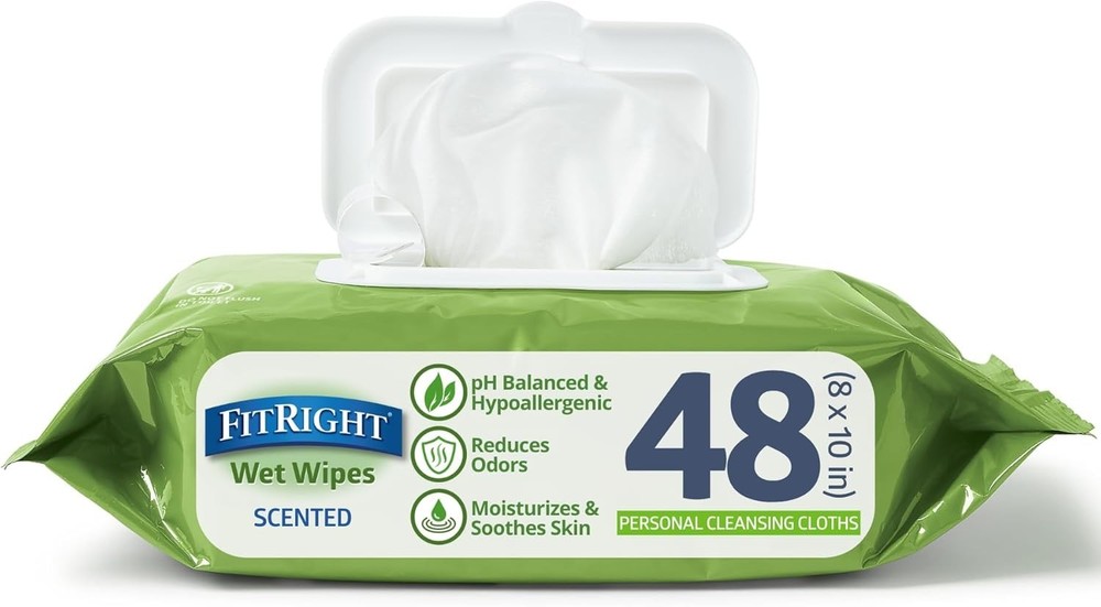 Medline FitRight Aloe Personal Cleansing Cloth Wipes, Scented, Pack of 48