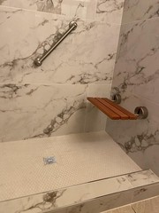 20″ Teak Folding Shower Seat; Wall Mounted; 400LB Capacity; Brushed Metal