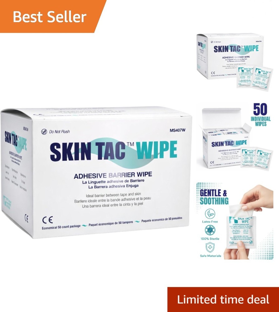 Skin-Tac 50 Count Clear Adhesive Wipes, Hypoallergenic & Safe for Sensitive Skin