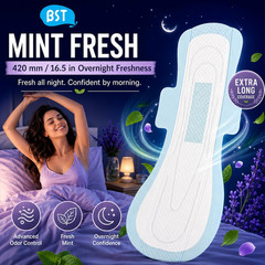 BST Mint Fresh Odor Control Extra Long Overnight Pads for Women | 16.5 Inch (8Pc