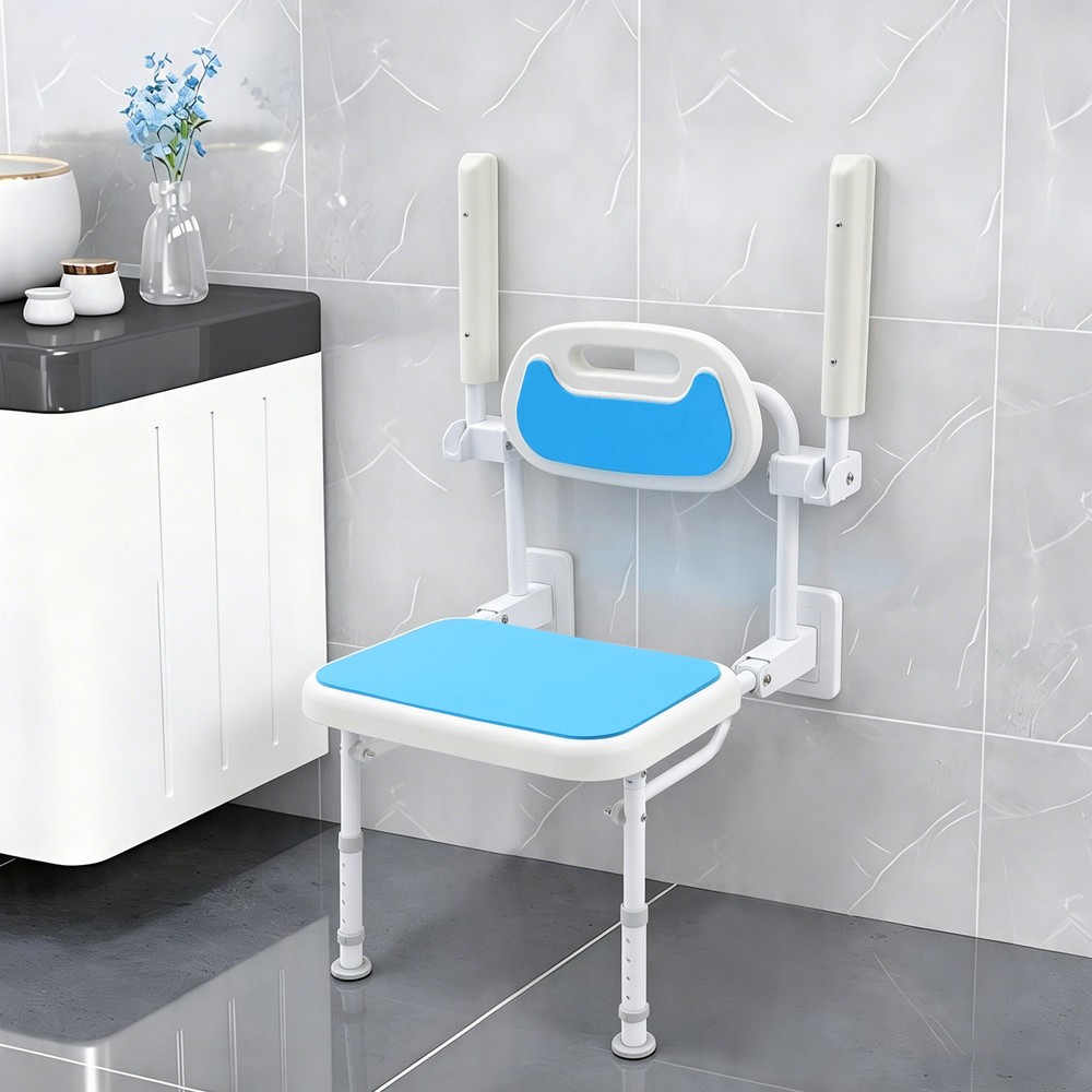Wall Mounted Folding Shower Chair, Height Adjustable Shower Chair With Backrest