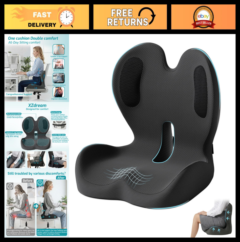 Ergonomic Memory Foam Seat Cushion with Lumbar Support for Office & Car – Pain R