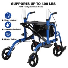 Ⓜ️Walker Wheelchair Combo Foldable Aluminum Rollator with Footrests for Seniors