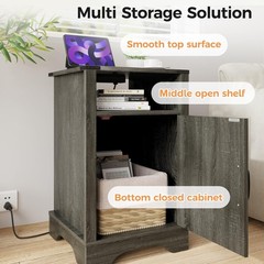 HEYNEMO Farmhouse Nightstand with Charging Station, Dark Grey, 1 Piece