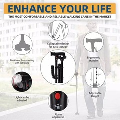 1* Lightweight Foldable Walking Cane W/360° Non-Slip Base&Emergency Alarm