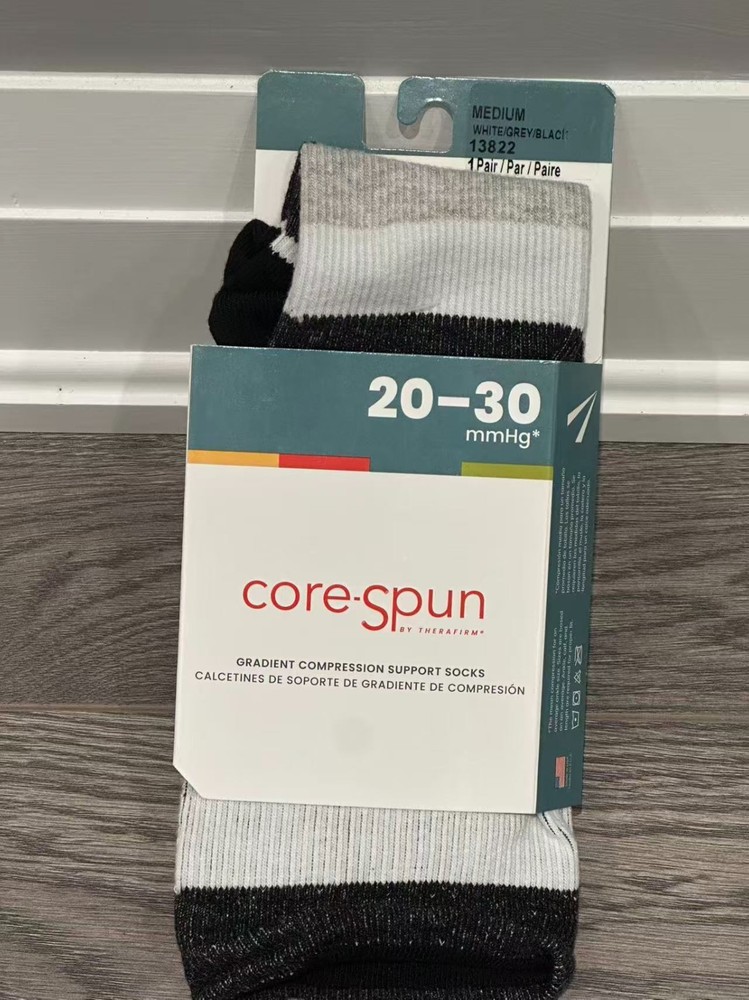 CORE SPUN Compression Socks MEDIUM WHITE/GREY/BLACK 20-30mmHg 