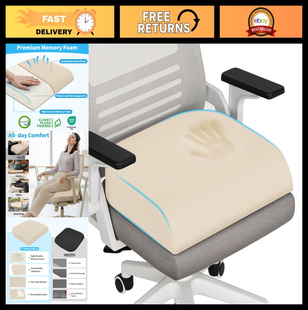 Large Memory Foam Seat Cushion for Office, Home & Car – Non-Slip Pad for Back &