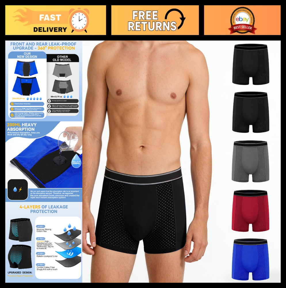 Men’s Leakproof Incontinence Boxer Briefs – 200ml Absorbent Cotton Underwear, 5