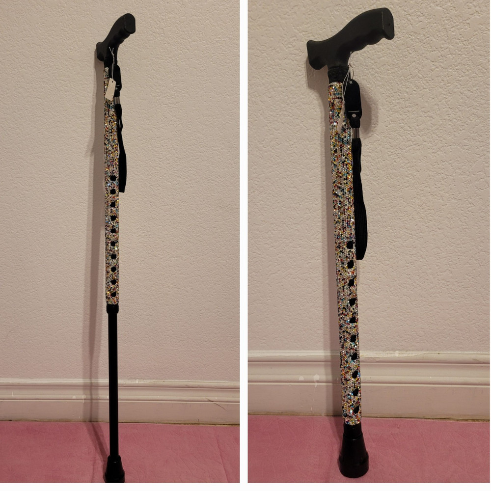 Walking Cane w/ Wrist Strap, Ergonomic Handle, Black Floral Multicolor