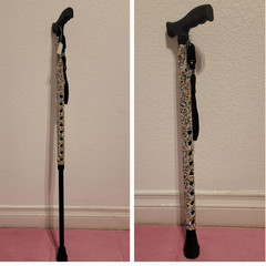 Walking Cane w/ Wrist Strap, Ergonomic Handle, Black Floral Multicolor
