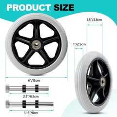 2Pcs 6 Inch Solid Wheelchair Replacement Wheels Rubber 6 inches, Grey