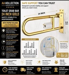 Toilet Grab Bar 24 Inch Gold, Anti-Slip Handicap Grab Bars Paper Holder Bathroom