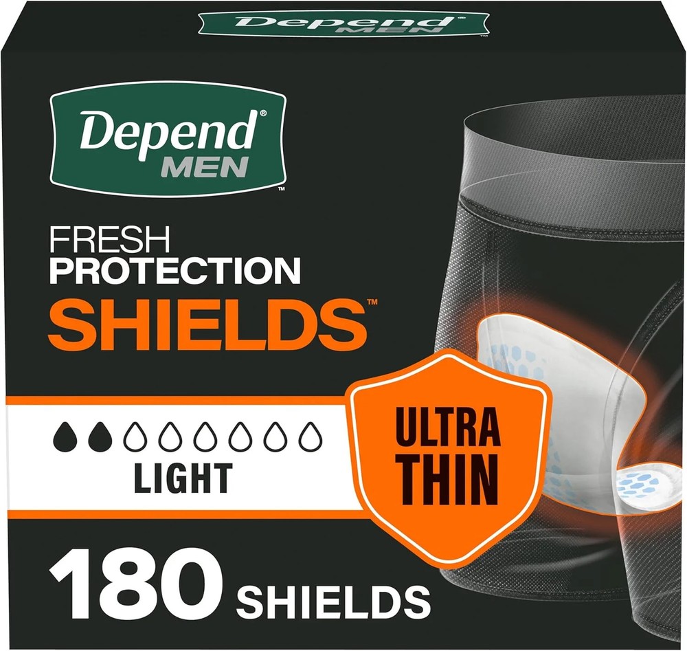 Depend Shields Incontinence Pads for Men, Light Absorbency, 180 Count, Packaging