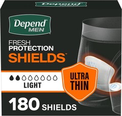 Depend Shields Incontinence Pads for Men, Light Absorbency, 180 Count, Packaging