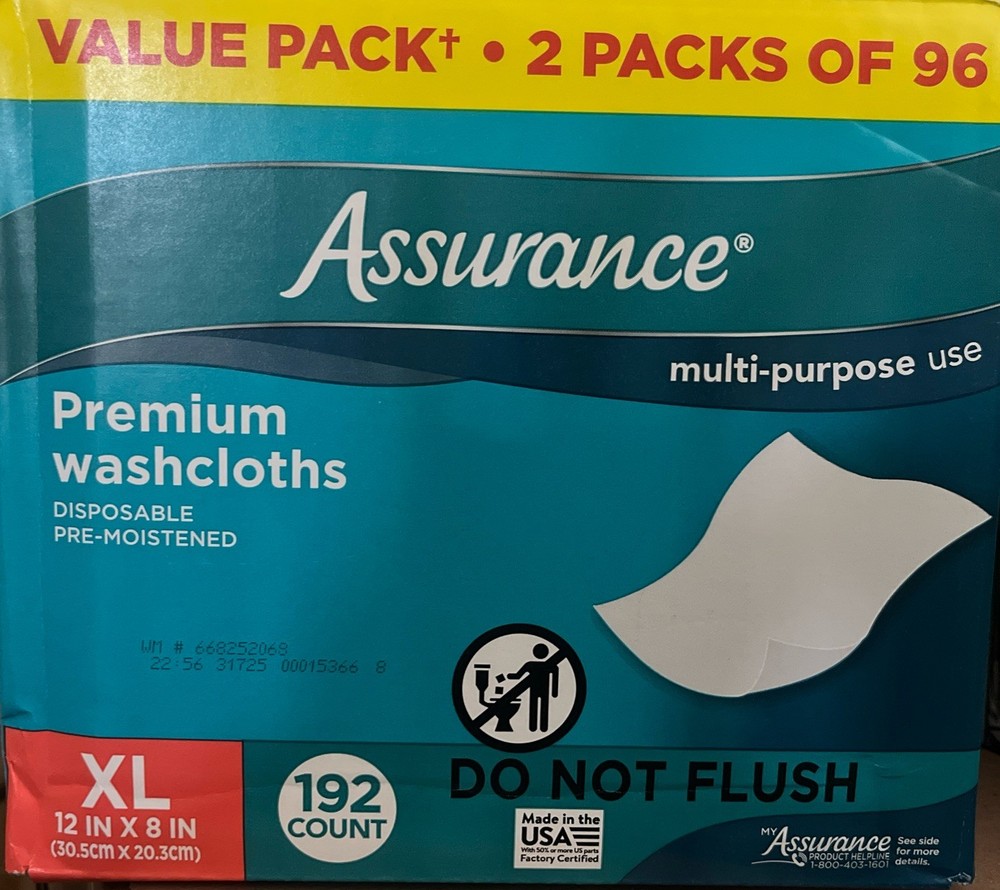 Assurance Premium Disposable Washcloths Pre-Moistened Body Wipes, XL, 192 Ct