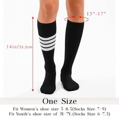 Women’s Knee High Socks Athletic Thigh High Stripe Stockings Tube 7-9 Black