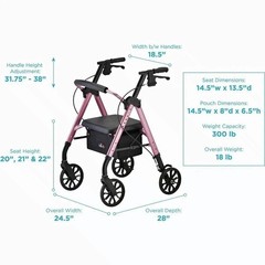 NOVA New Star 8 Rollator Walker Purple 8 Inch Wheels Folding Seat 300 lb Cap